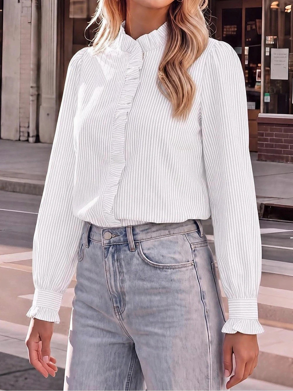 Chic Ruffle Pinstriped Blouse - Picture 2 of 9
